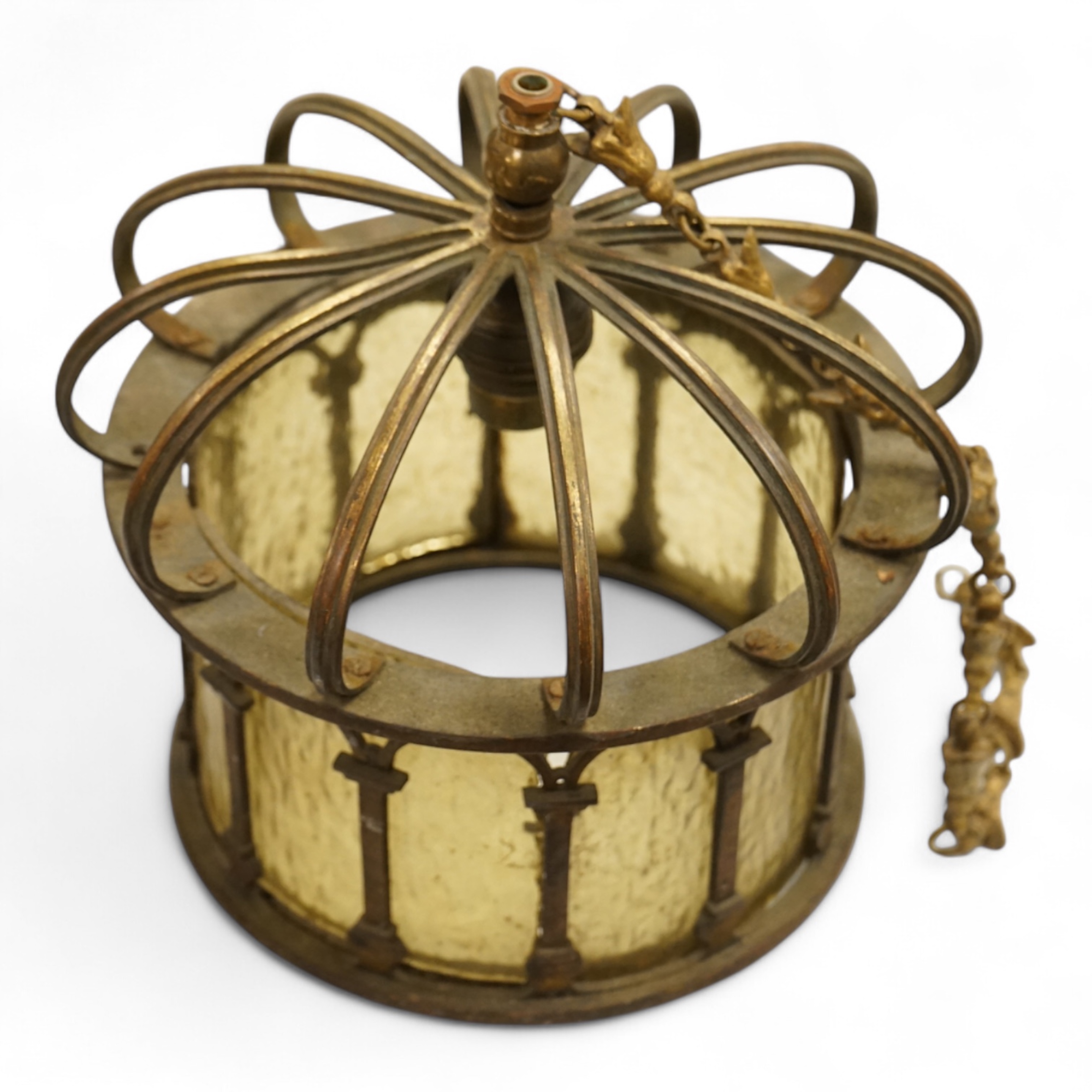 A brass and glass hanging ‘crown’ ceiling pendant, 20cm diameter